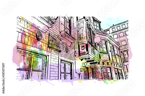 Building view with landmark of Bremen is a city straddling the Weser River in northwest Germany. Watercolor splash with hand drawn sketch illustration in vector.