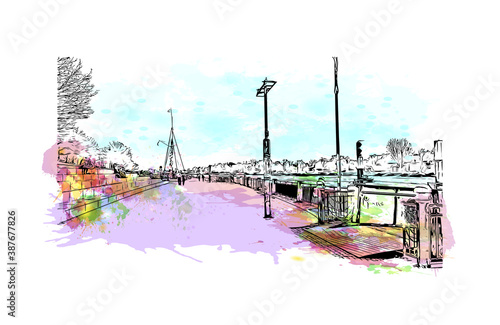 Building view with landmark of Bremen is a city straddling the Weser River in northwest Germany. Watercolor splash with hand drawn sketch illustration in vector.