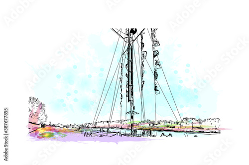 Building view with landmark of Bremen is a city straddling the Weser River in northwest Germany. Watercolor splash with hand drawn sketch illustration in vector.