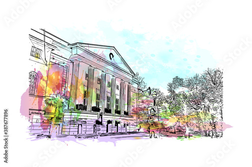 Building view with landmark of Bremen is a city straddling the Weser River in northwest Germany. Watercolor splash with hand drawn sketch illustration in vector.