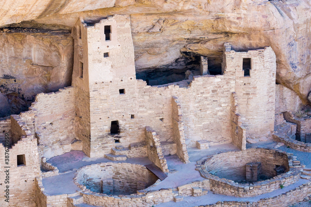 Landscape view of the famous cliff dwellings in Mesa Verde National Park, home of the ancient Pueblo people.