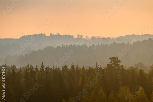 Beautiful colourful sunrise over thick forest with layers during misty autumn morning.