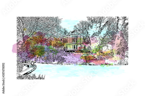 Building view with landmark of Bremen is a city straddling the Weser River in northwest Germany. Watercolor splash with hand drawn sketch illustration in vector.