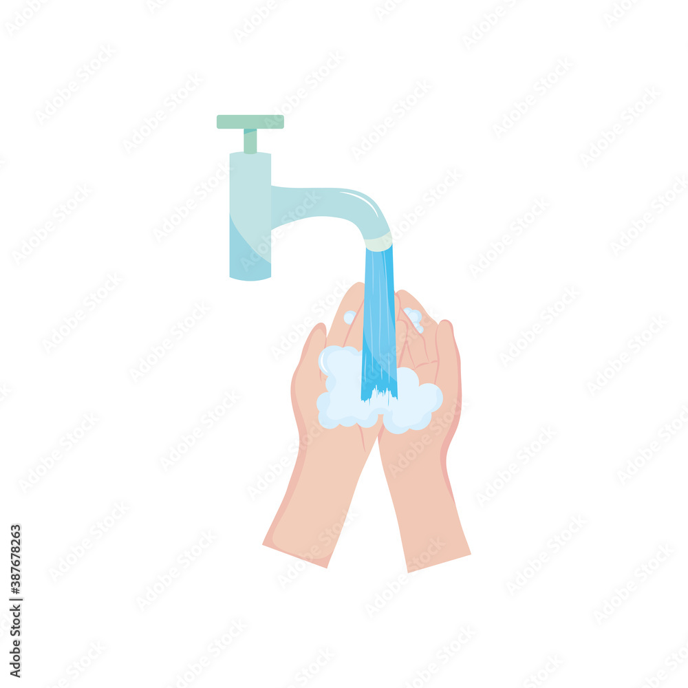 icon of water faucet and hands washing, flat style icon of water faucet and hands washing, flat style