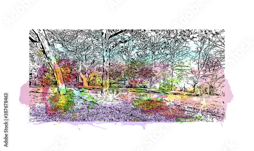 Building view with landmark of Bremen is a city straddling the Weser River in northwest Germany. Watercolor splash with hand drawn sketch illustration in vector.