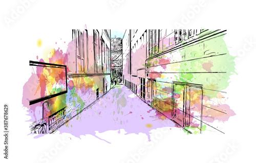 Building view with landmark of Bremen is a city straddling the Weser River in northwest Germany. Watercolor splash with hand drawn sketch illustration in vector.
