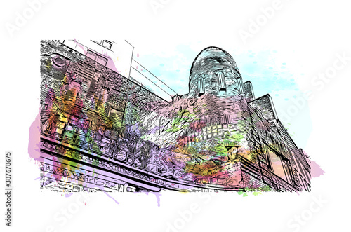 Building view with landmark of Bremen is a city straddling the Weser River in northwest Germany. Watercolor splash with hand drawn sketch illustration in vector.