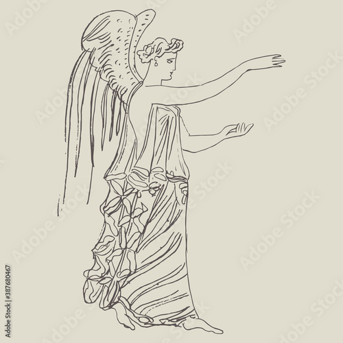 Winged ancient Greek goddess. Nike or Hebe. Antique angel. Hand drawn linear sketch. Monochrome silhouette.