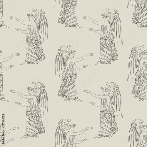 Seamless vintage pattern with winged ancient Greek goddesses. Nike or Hebe. Antique angels. Monochrome linear silhouettes.