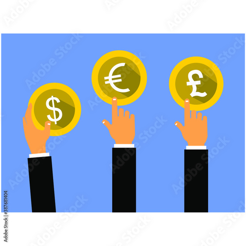 several hands held and pointed to some coins on it