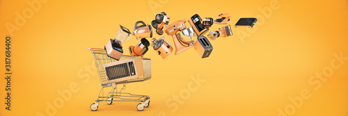 Many Kitchen Appliance Falling in Shopping Cart. 3d Rendering