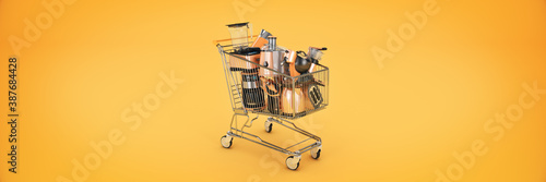 Shopping cart with many kitchen appliances. 3D rendering photo