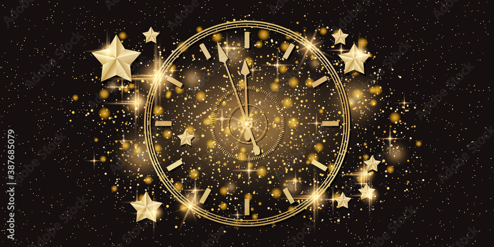 Christmas and New Year black vector background with stars, glitter effect and clock