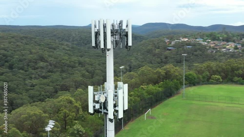 Aerial panorama footage of the main structure of a telecommunications tower