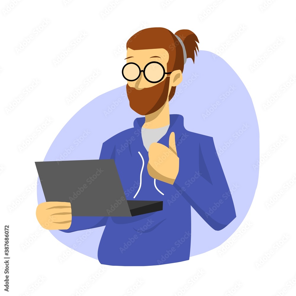 illustration of a happy bearded man holding a laptop illustration of a happy bearded man holding a laptop