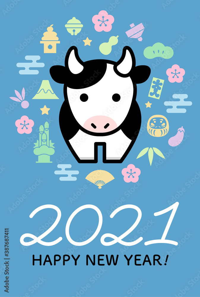 年賀状2021(丑年)ブルー 年賀状2021(丑年)ブルー