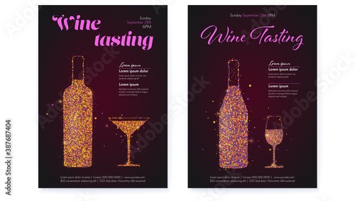 Set of banners for Wine festival. Posters for Wine tasting events. Color glittering particles in glass and bottle shape. Vector template