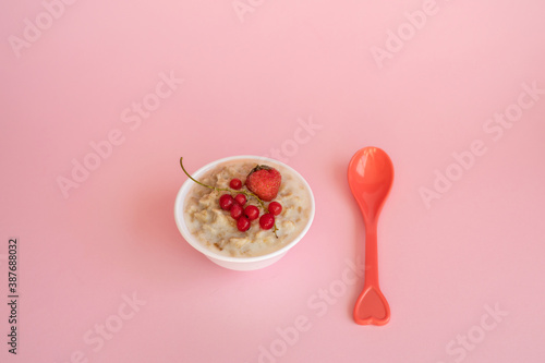 Oatmeal porridge with fresh frozen berries. Healthy breakfast. © dinastiya