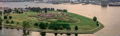 Fort McHenry from the air in Baltimore, legendary fortification from the 1812 war birth place of the national anthem