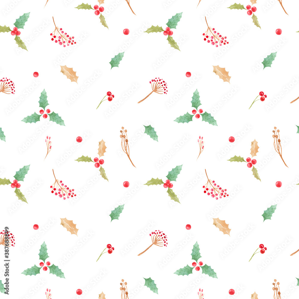 Seamless pattern with Christmas symbol Holly Leaves and berries on a white background.