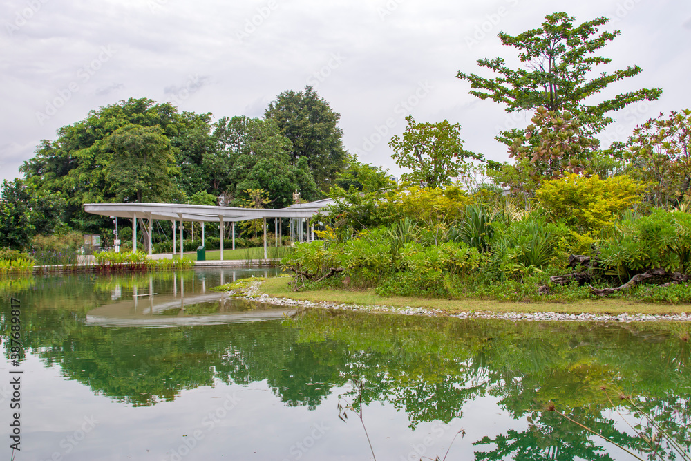 Singapore 23rd Oct 2020: The pond reflection view in Jurong Lake Gardens. A new national gardens in the heartlands. It is a people’s garden, where spaces will be landscaped and created for families.