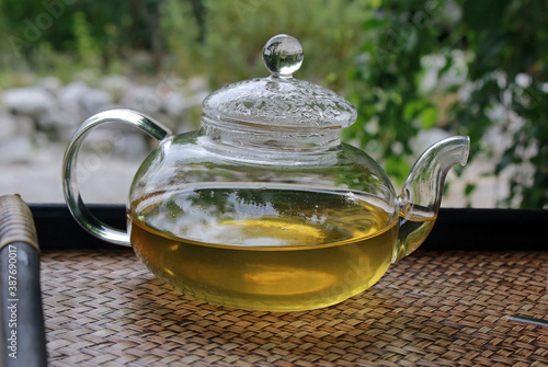 Clear glass teapot with green tea in a garden setting 