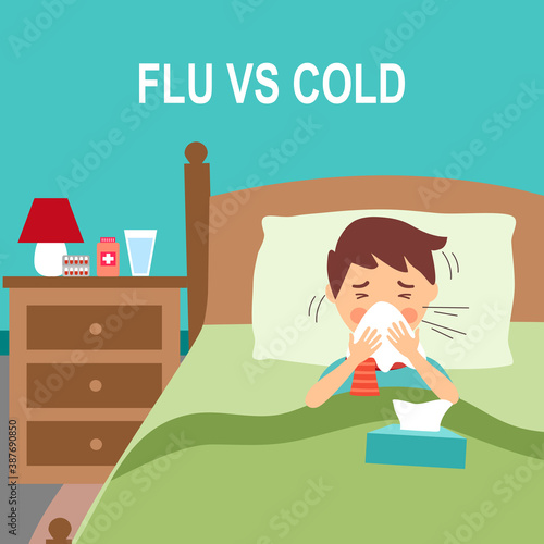 A boy children suffering from flu in bed under blanket. Sad kids sneezing in handkerchief or tissue paper. Flu or cold allergy symptom cartoon. Influenza treatment. COVID-19 Coronavirus infection.
