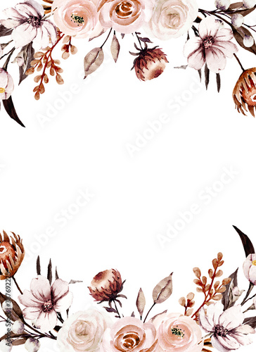 Flowers frame, floral watercolor border, hand painting, greeting card template, beige and white roses for invitation, wedding design and other printing images. Isolated on white.