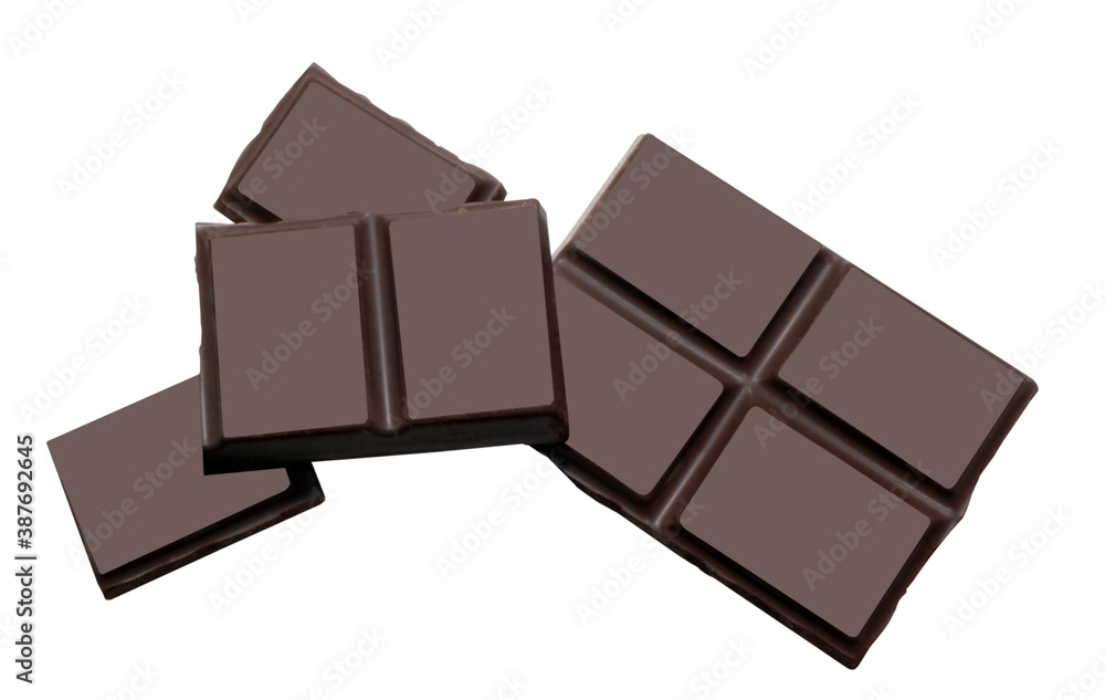 Fototapeta premium Delicious black chocolate shavings and pieces on white background, top view