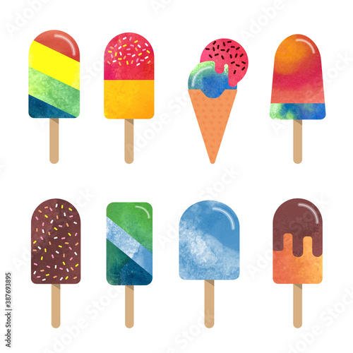 Colorful watercolor delicious dessert sweet food ice popsicle collection