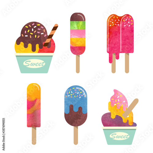 Colorful watercolor delicious dessert sweet food ice popsicle collection