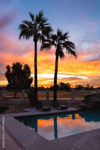 Palm trees at pool side during the colorful sunrise