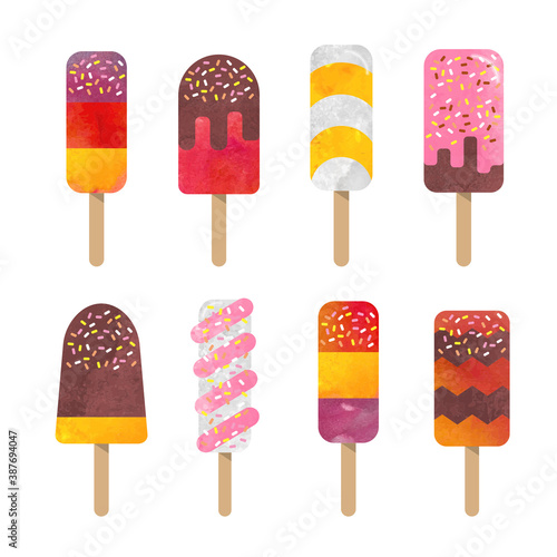 Colorful watercolor delicious dessert sweet food ice popsicle collection