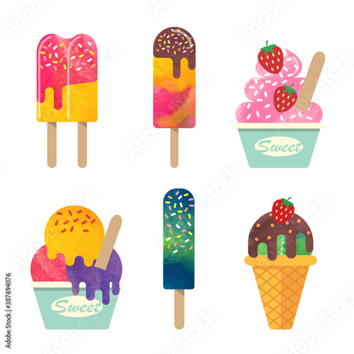 Colorful watercolor delicious dessert sweet food ice popsicle collection