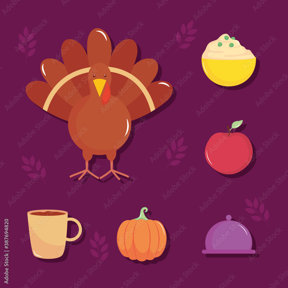 turkey and thanksgiving icon set, flat style turkey and thanksgiving icon set, flat style