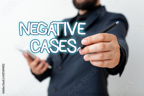 Text sign showing Negative Cases. Business photo text circumstances or conditions that are confurmed to be false Model displaying different shots of holding pen ready for promotional use photo