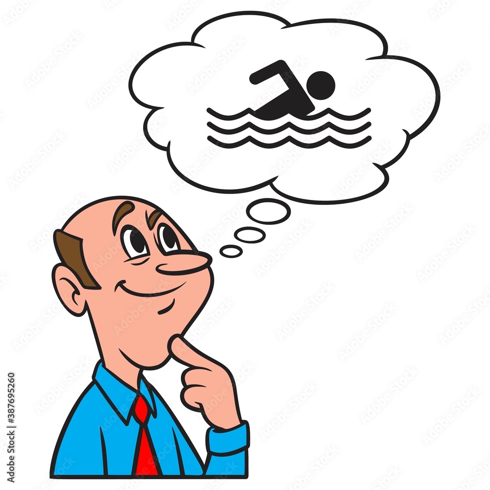 Thinking about Swimming Lessons - A cartoon illustration of a man thinking about taking Swimming Lessons. Thinking about Swimming Lessons - A cartoon illustration of a man thinking about taking Swimming Lessons.