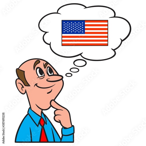 Thinking about a Trip to the United States - A cartoon illustration of a man thinking about a trip to the United States.