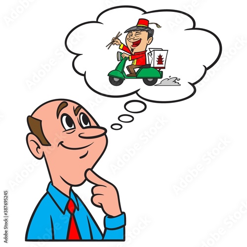 Thinking about Chinese Delivery - A cartoon illustration of a man thinking about Chinese Delivery.