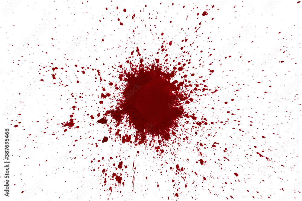 Realistic human red blood spatter, isolate on white background, abstract splatter red color background.