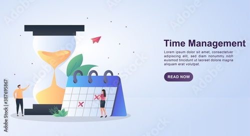 Illustration concept of time management with a large hourglass and a person viewing calendar.