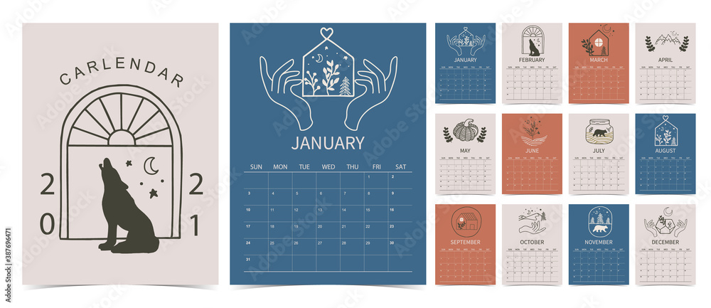 line hand calendar 2021 with flower,animal,mountain,bear,house in boho style