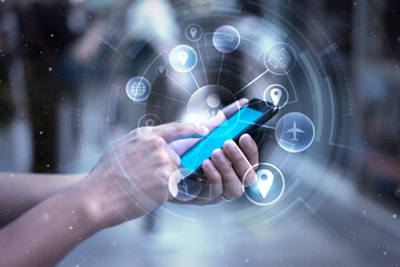 Digital Business Transport Technology using mobile smart phone cellphone navigation travel commuter transportation train car airplane city walking through street with people background, graphic icon