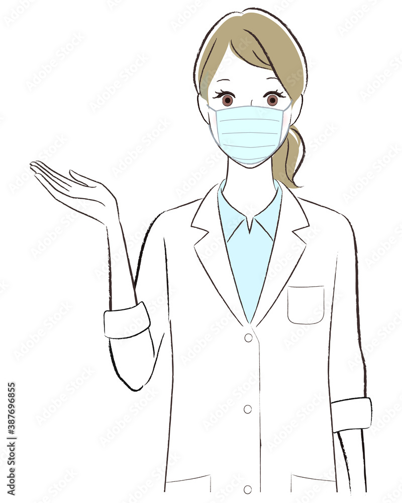 笑顔で案内する白衣の女性医師のイラスト　マスク着用