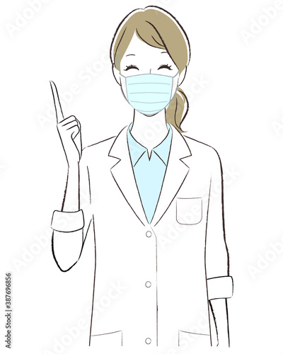 笑顔で指差しポーズをするマスクをした白衣の女性のイラスト