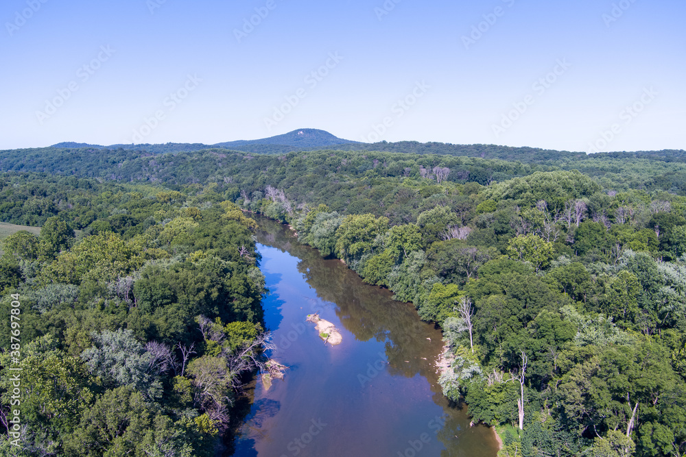 Aerial view of the Monocacy River near Dickerson, Maryland. Sugarloaf Mountain is in the center.