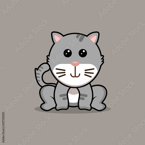 Illustration vector graphic of a cute cat sitting. Gray background. Fit for children print and children book cover. © Fatur Wijaya