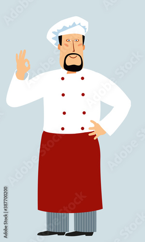 Cute lovely chef is showing ok sign. Funny cartoon character. Vector graphics