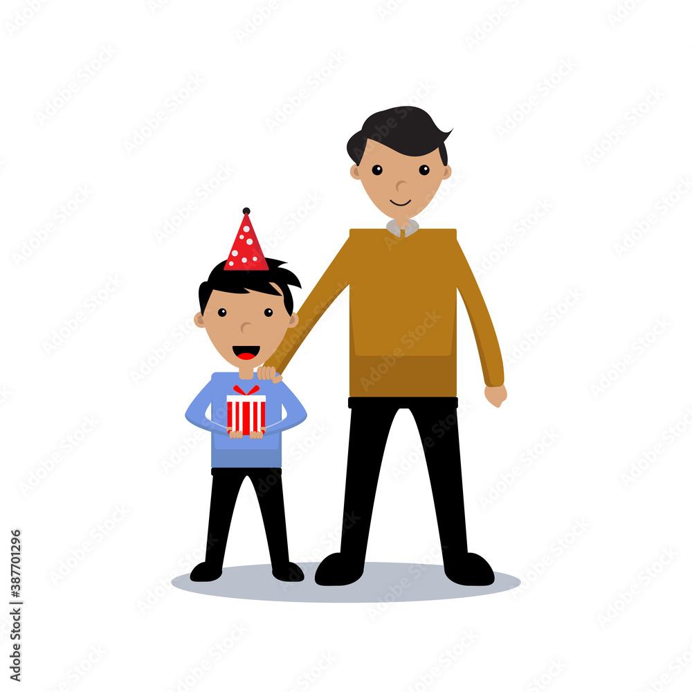 Illustration vector graphic of cartoon of a father giving a gift to his son. White background. Good for birthday invitation posters and designs for birthday gifts. Illustration vector graphic of cartoon of a father giving a gift to his son. White background. Good for birthday invitation posters and designs for birthday gifts.