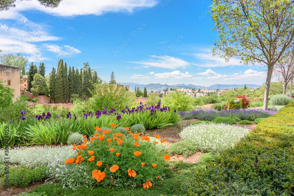 garden of alhambra.
flowers and plants in alhambra's garden. colorful. spain
